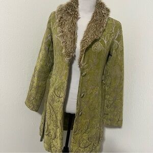 Buckle Outerwear Coat Faux Fur Collar Olive S Embroidered Floral Print All Over
